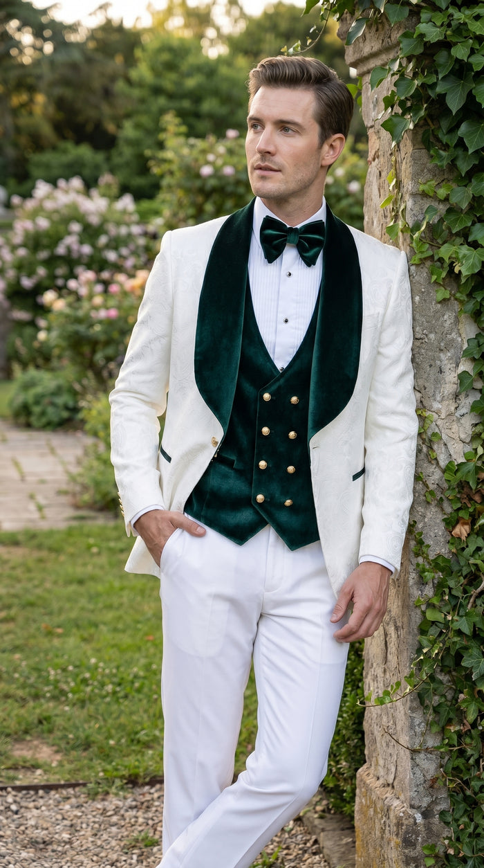 Men’s White and Dark Green Wedding Tuxedo with Double Breasted Vest, Wool Groom Prom Suit
