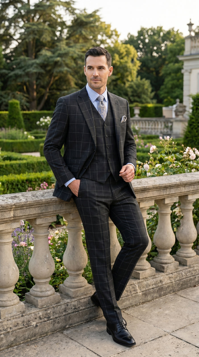 Men’s Black Windowpane Plaid 3 Piece Suit, 1920s Inspired Formal Dress Suit