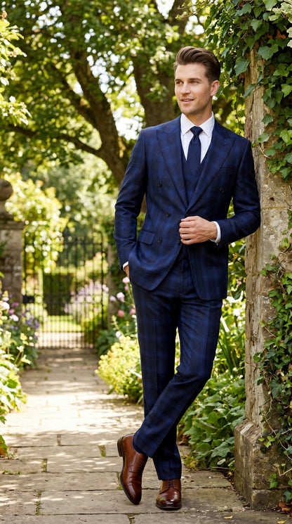Men’s Indigo Sapphire Blue Plaid 3 Piece Suit with Double Breasted Vest, Slim Fit Windowpane Suit