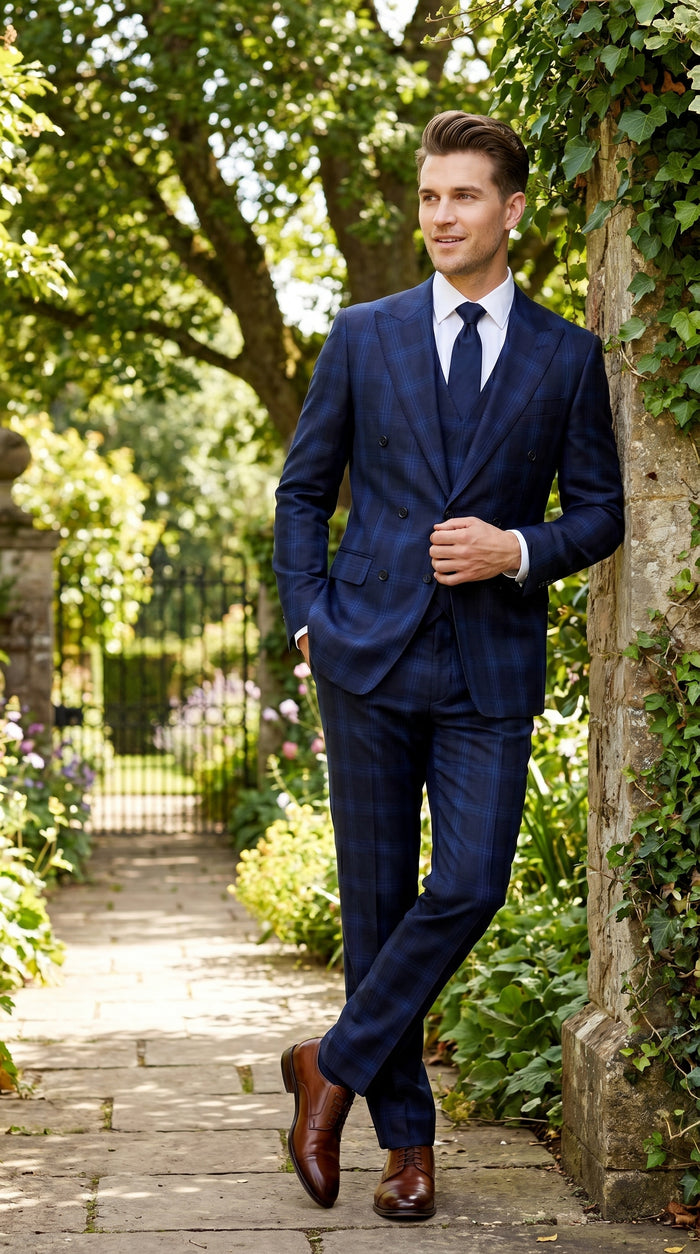 Men’s Indigo Sapphire Blue Plaid 3 Piece Suit with Double Breasted Vest, Slim Fit Windowpane Suit