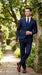 Men’s Indigo Sapphire Blue Plaid 3 Piece Suit with Double Breasted Vest, Slim Fit Windowpane Suit