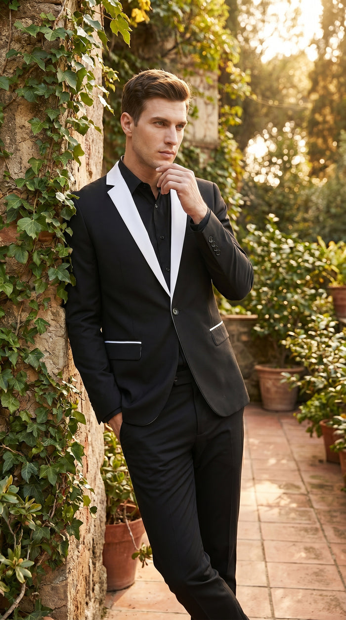 Men’s Black and White Blazer with Shawl Lapel, Dress Casual Formal Sport Coat