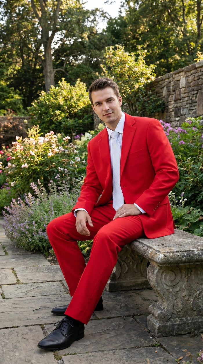 Men’s Red Bolzano 2 Button Suit with Pleated Pants, 100% Polyester Formal Dress Suit