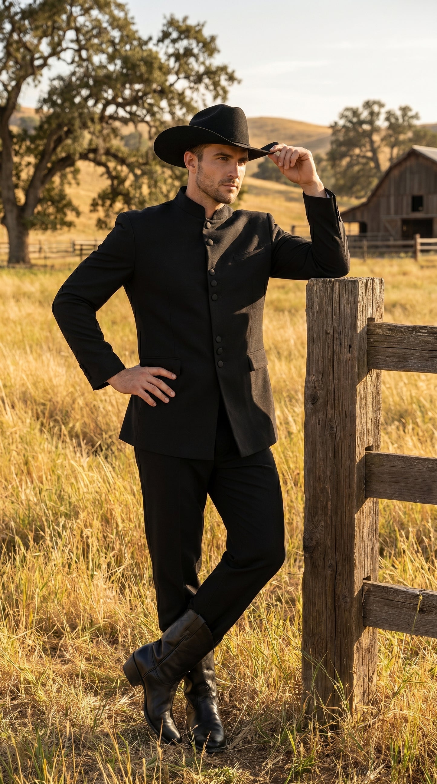 Men’s Apollo King Black 2 Piece Nehru Style Suit with Mandarin Collar, Formal Banded Collar Suit Modern Fit