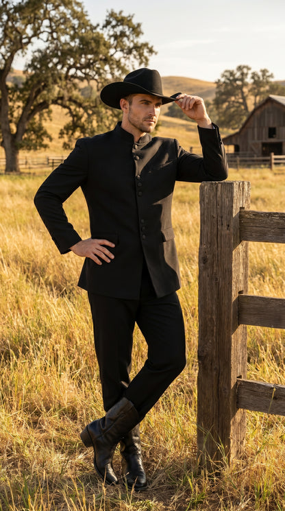 Men’s Apollo King Black 2 Piece Nehru Style Suit with Mandarin Collar, Formal Banded Collar Suit Modern Fit