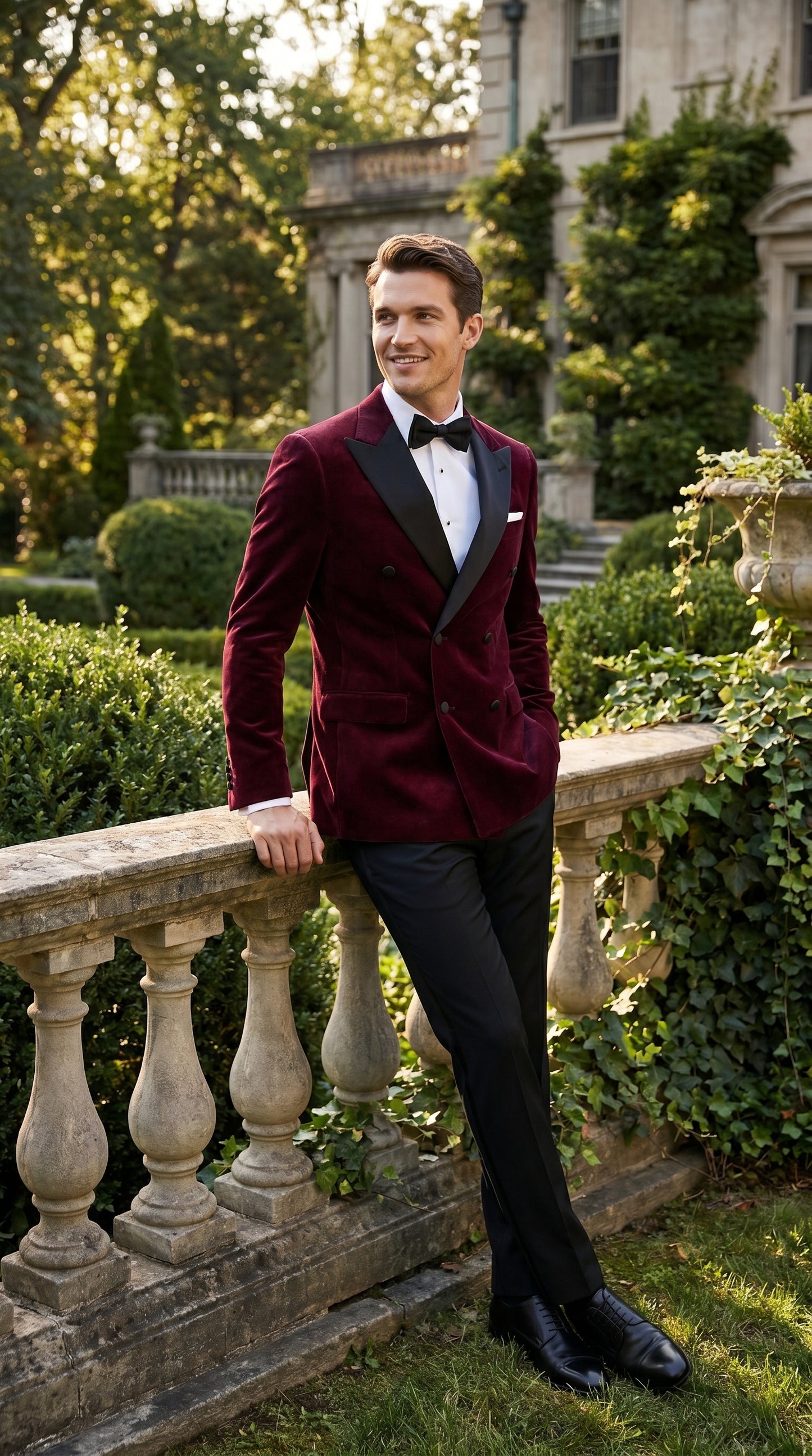 Men’s Burgundy Velvet Tuxedo, Slim Fit Double Breasted Formal Tuxedo Suit for Wedding, Prom and Groom Wear