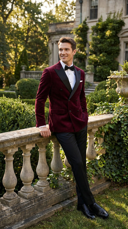 Men’s Burgundy Velvet Tuxedo, Slim Fit Double Breasted Formal Tuxedo Suit for Wedding, Prom and Groom Wear