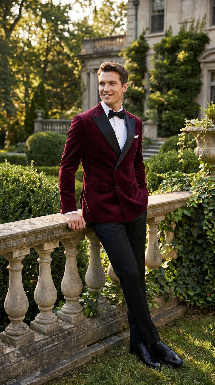 Men’s Burgundy Velvet Tuxedo, Slim Fit Double Breasted Formal Tuxedo Suit for Wedding, Prom and Groom Wear