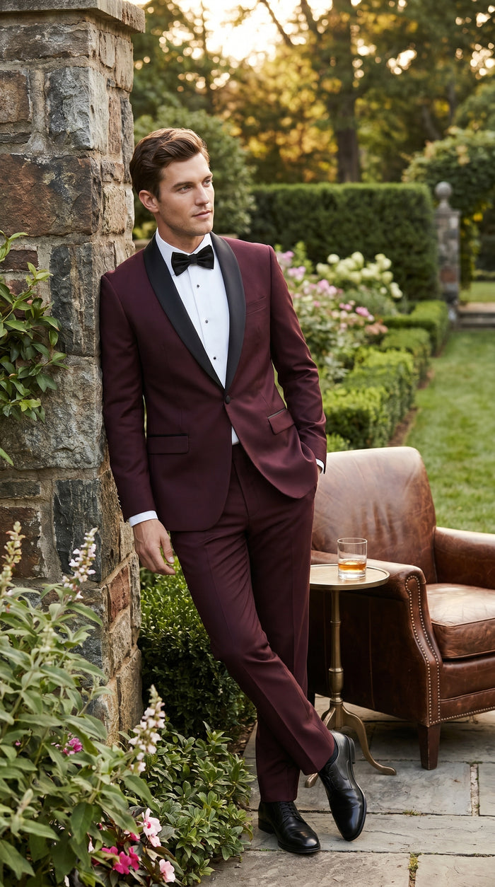Men’s Maroon Slim Fit Tuxedo with Black Satin Lapel, Burgundy Wine Formal Prom Suit