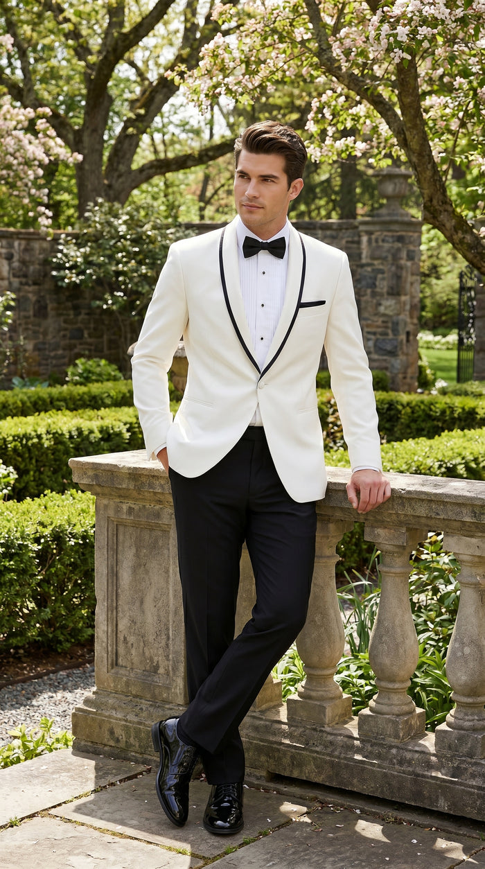 Men’s One Button Ivory Tuxedo Suit with Black Trim, Formal Wedding Prom Dinner Jacket