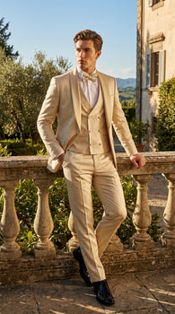 Men’s Tan Floral Shawl Lapel Tuxedo Set, Wedding and Prom Formal Suit
