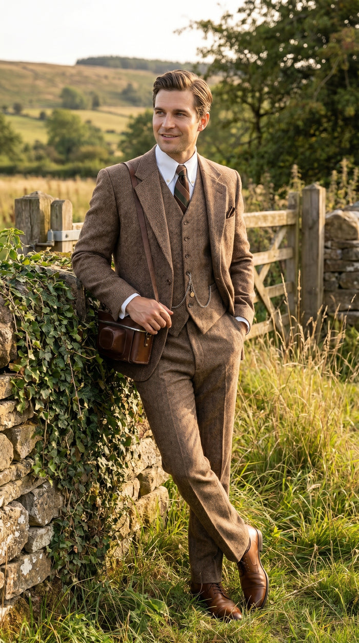 Men’s Light Brown Great Gatsby Tweed Herringbone Vested Suit, Tobey Maguire Inspired 1920s Formal Outfit Modern Fit