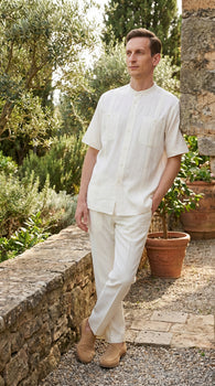 Men’s White Banded Collar 2 Piece Linen Walking Suit, Short Sleeve Shirt and Pants Set