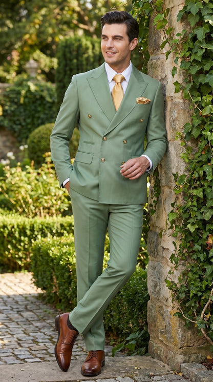 Rossiman Men’s Sage Green Double Breasted Suit with Gold Buttons, Slim Fit Lightweight Summer Suit