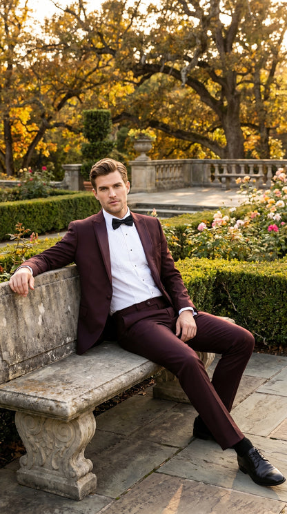 Men’s Brown Slim Fit 2 Piece Tuxedo with Satin Peak Lapel, Formal Wedding Prom Suit