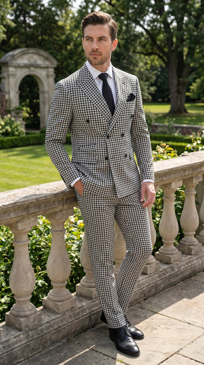 Men’s Black & White Houndstooth Double Breasted Wool Suit – 2 Piece Peak Lapel Suit Modern Fit