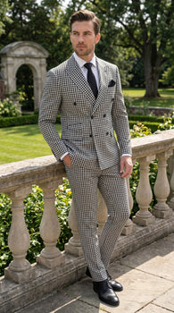Men’s Black & White Houndstooth Double Breasted Wool Suit – 2 Piece Modern Fit Peak Lapel Suit
