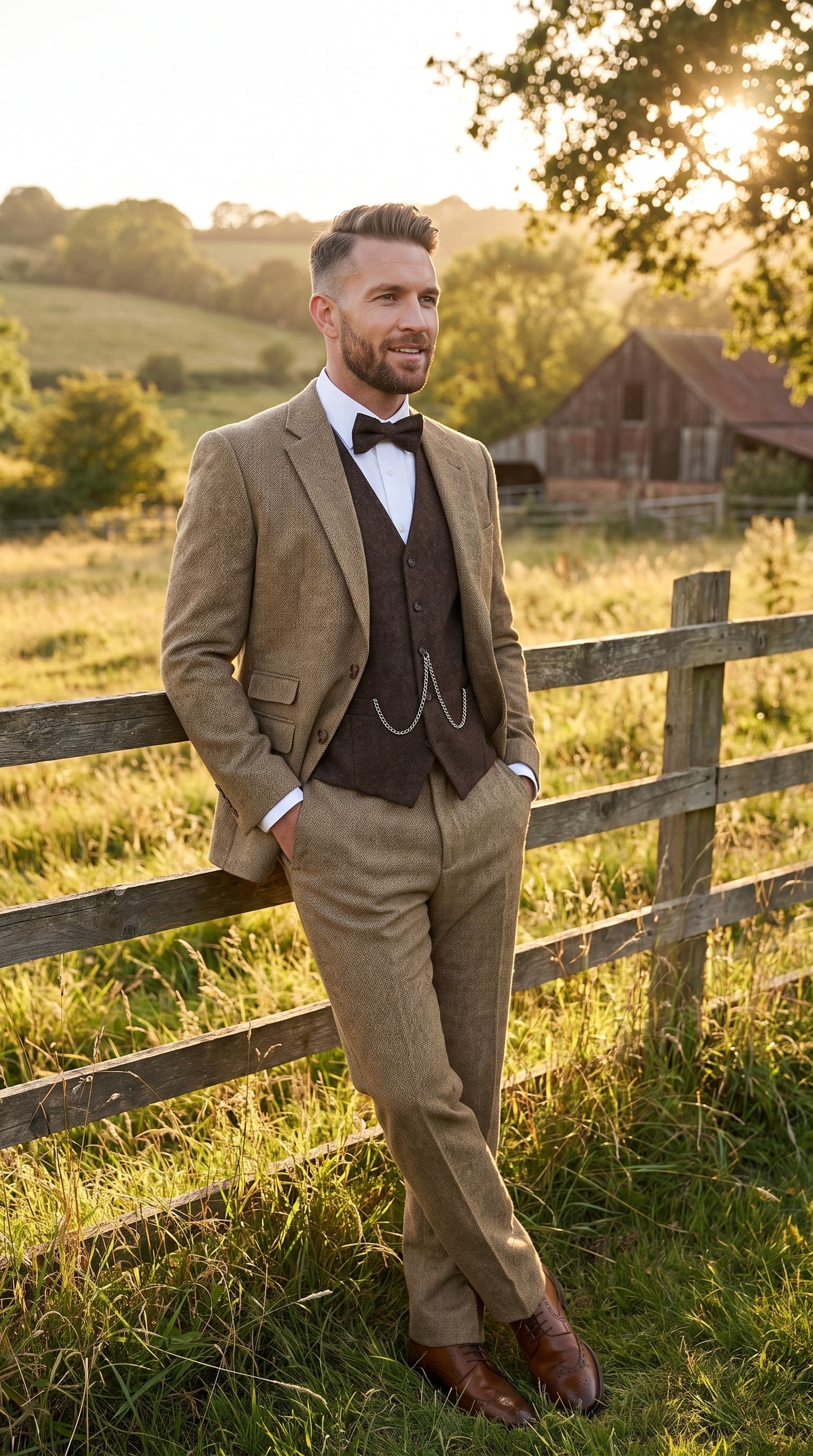 Men’s Great Gatsby Tobey Maguire Inspired Tan Suit with Brown Vest, 1920s Costume Outfit