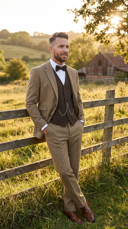 Men’s Great Gatsby Tobey Maguire Inspired Tan Suit with Brown Vest, 1920s Costume Outfit