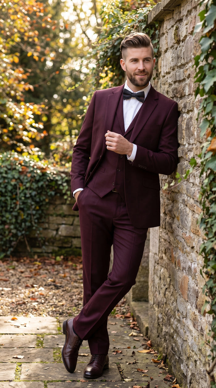 Men’s Burgundy Regular Fit Suit with Vest, Formal Wedding Prom Dress Suit Modern Fit