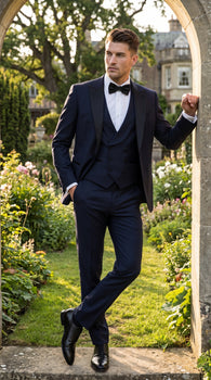 Alberto Nardoni Men’s Black Super 150s Wool Tuxedo with Peak Lapel, Double Breasted Vest and Flat Front Pants