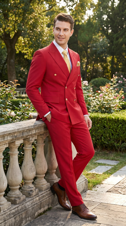 Rossi Man Milano RM1191 Men’s Red Double Breasted Suit with Gold Buttons, Formal Wedding Prom Suit Modern Fit