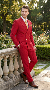 Rossi Man Milano RM1191 Men’s Red Double Breasted Suit with Gold Buttons, Formal Wedding Prom Suit