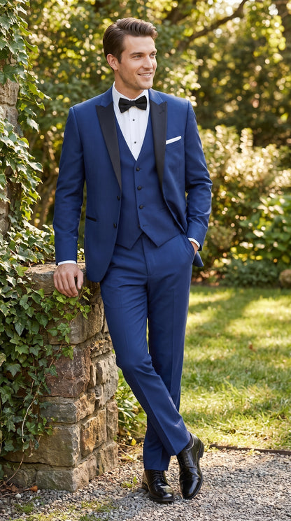 Men’s Indigo Blue Sapphire Cobalt Blue 1 Button Vested Tuxedo with Black Satin Peak Lapel