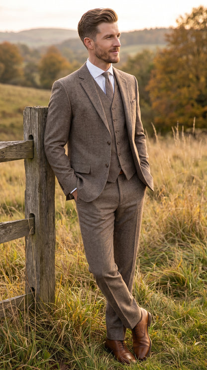 Men’s Vintage Brown Tweed Herringbone 1920s Suit, Classic Gatsby Style Dress Suit