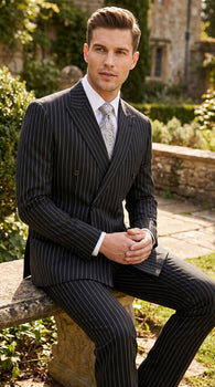 Men’s Black Double Breasted Bold Pinstripe Suit – Gangster Style Formal Dress Suit