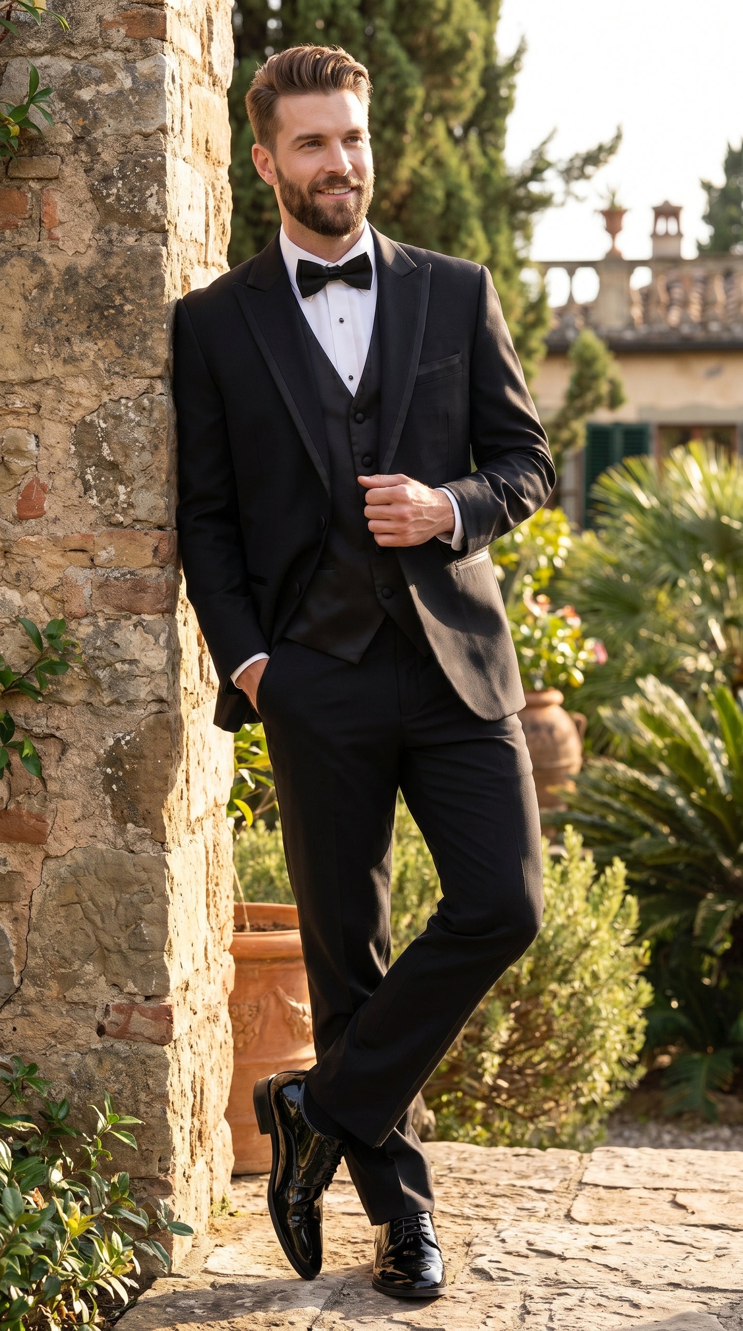 Men’s Black Modern 1 Button Tuxedo Suit with Satin Trim Peak Lapel and Wide Lapel Design
