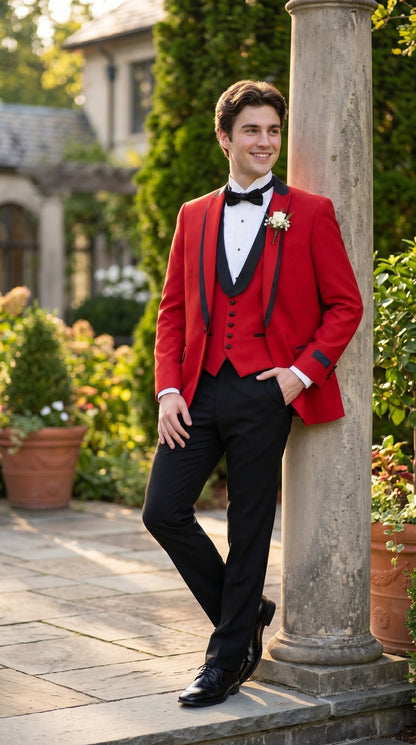 Men’s Red Prom Tuxedo Suit with Vest and Black Trim, Formal Wedding Dinner Suit