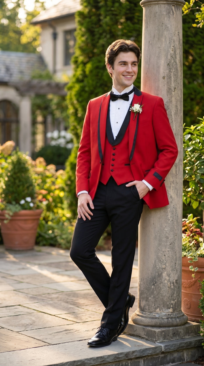 Men’s Red Prom Tuxedo Suit with Vest and Black Trim, Formal Wedding Dinner Suit