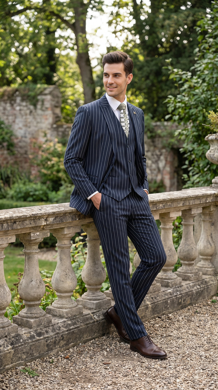 Men’s 1920s Gangster Dark Blue Bold Pinstripe 3 Piece Suit, Vested Fashion Suit with Pleated Pants Modern Fit