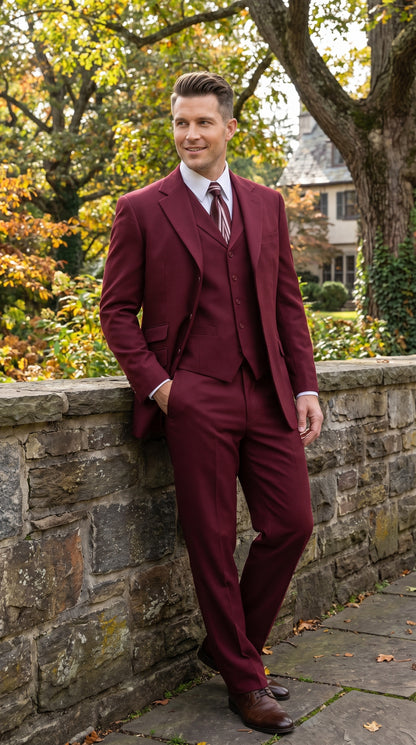 Men’s Burgundy Wine Maroon 3 Piece Vested Suit, Peak Lapel Formal Wedding Church Dress Suit Set