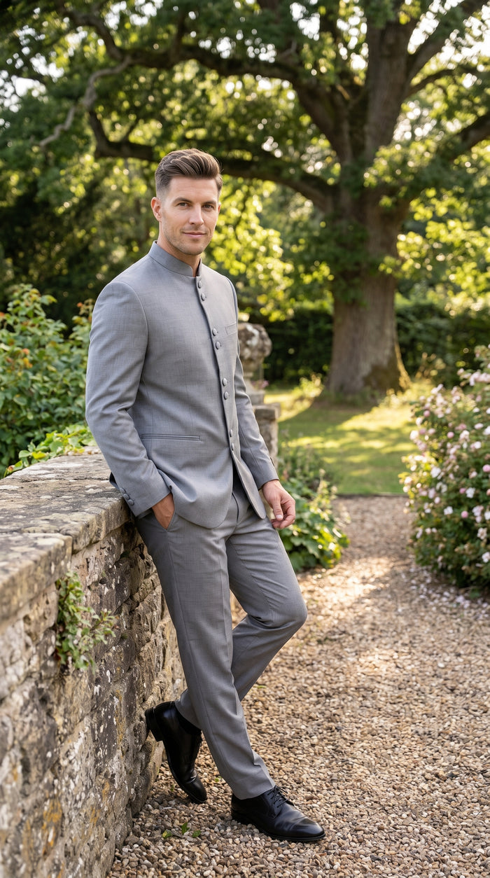 Alberto Nardoni Men’s Light Grey Mandarin Collar Suit, Banded No Collar Formal Wedding Church Suit