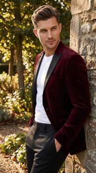 Men’s Burgundy Velvet Tuxedo Blazer with Black Satin Lapel, Crushed Velour Formal Sport Coat