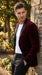 Men’s Burgundy Velvet Tuxedo Blazer with Black Satin Lapel, Crushed Velour Formal Sport Coat