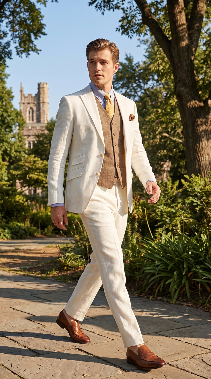 Men’s Off White Great Gatsby 3 Piece Suit, Vintage Wedding Prom Formal Vested Suit Set Modern Fit
