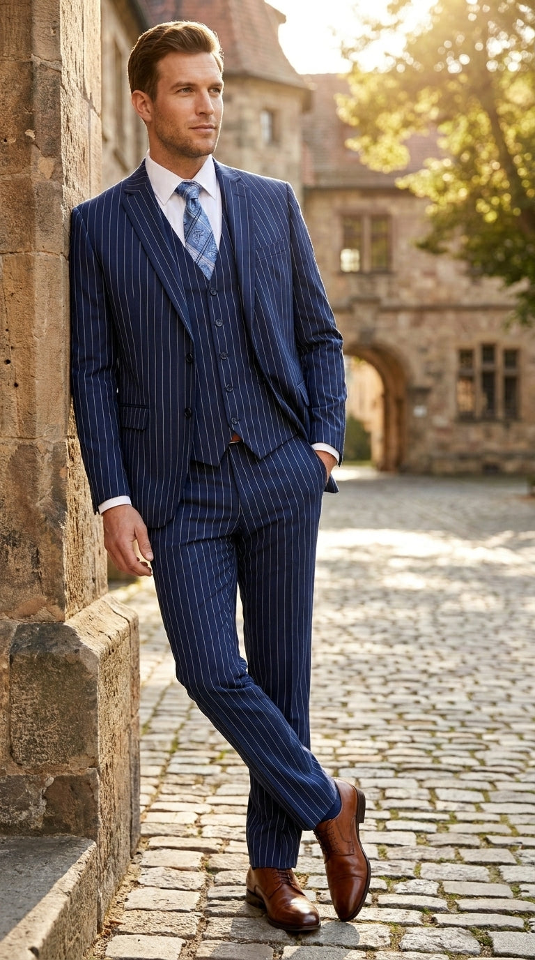Men’s Teal Indigo Bright Blue Cobalt Pinstripe 3 Piece Suit, Formal Wedding Business Dress Suit Modern Fit