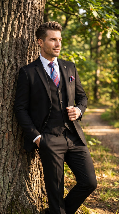 Men’s Black 3 Piece 2 Button Suit, Vested Formal Wedding Business Dress Suit Set