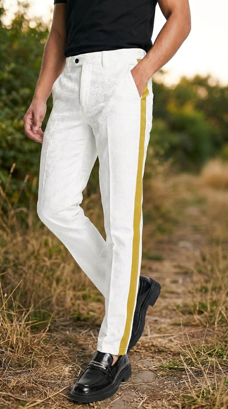 Men’s White Tuxedo Pants with Gold Sateen Side Stripe – Formal Dress Pants for Wedding and Prom