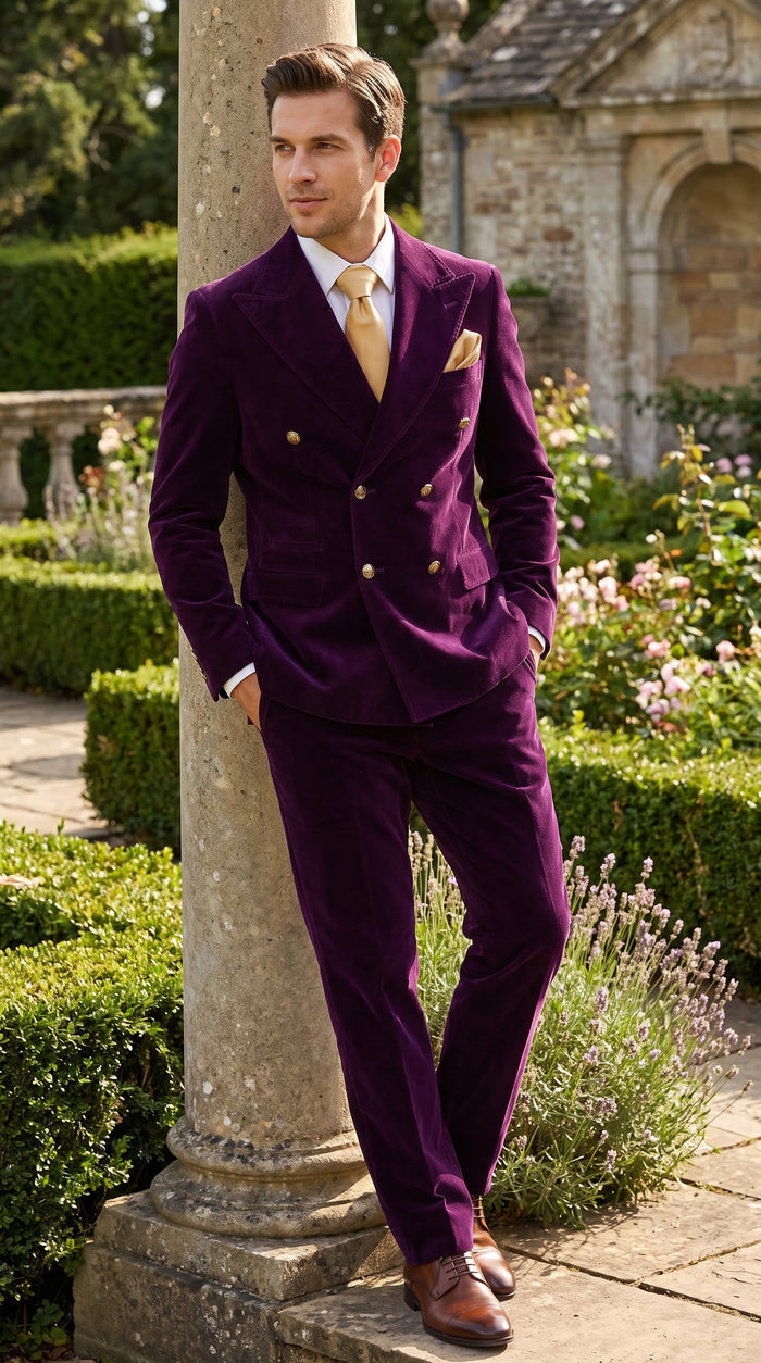 Men’s Rossi Man Zeus Purple Velvet Double Breasted Tuxedo Suit, Formal Wedding Prom Dinner Suit Set