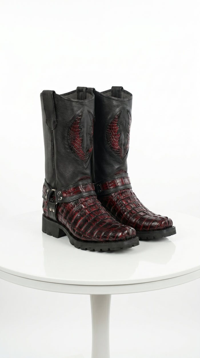 Men’s Los Altos Black Cherry Caiman Tail Skin Biker Boots, Exotic Western Motorcycle Boots