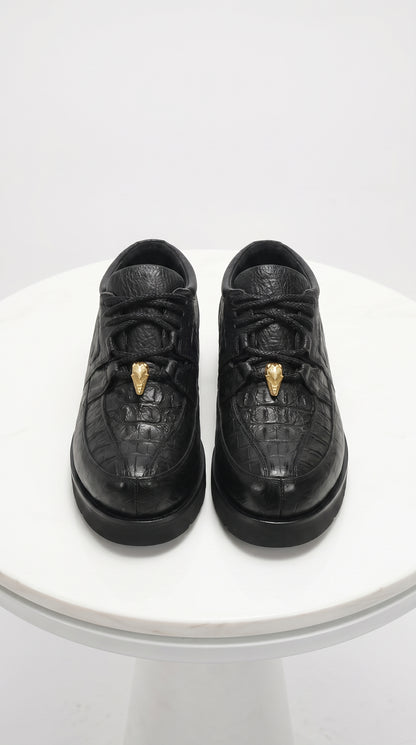 Men’s Los Altos Black Caiman Belly and Ostrich Casual Shoes, Exotic Leather Lace Up Sneakers