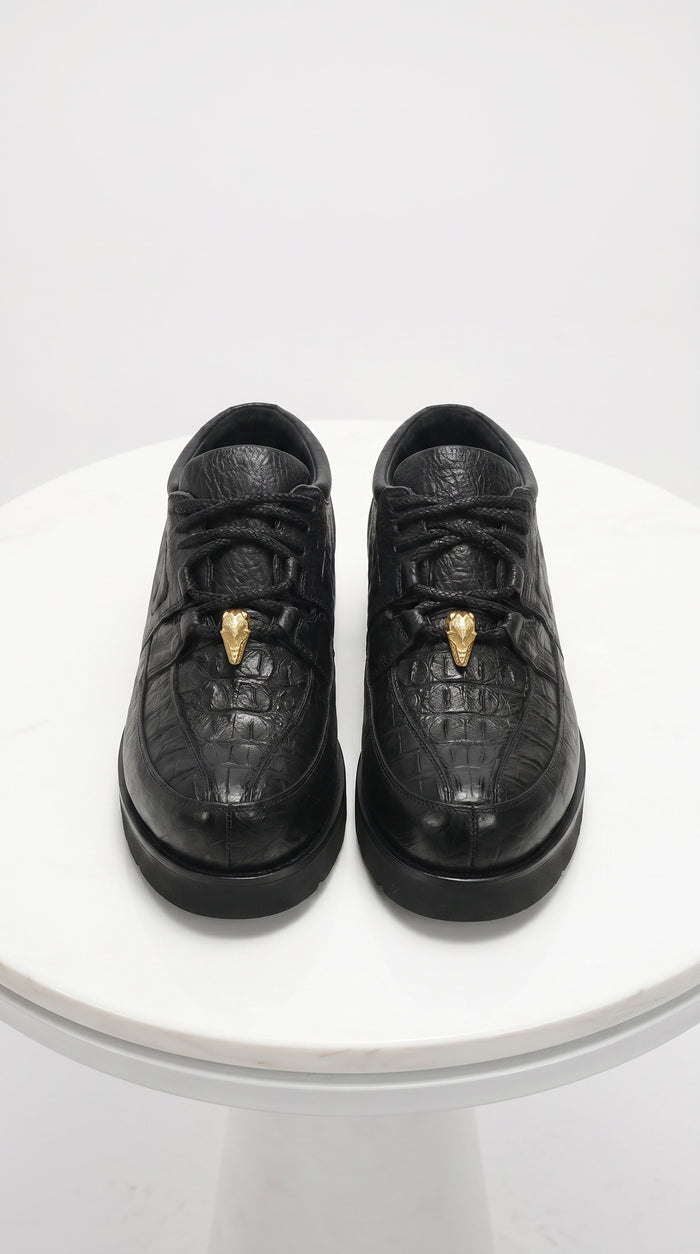 Men’s Los Altos Black Caiman Belly and Ostrich Casual Shoes, Exotic Leather Lace Up Sneakers