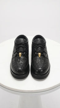 Men’s Los Altos Black Caiman Belly and Ostrich Casual Shoes, Exotic Leather Lace Up Sneakers
