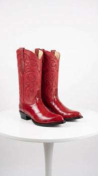 Men’s Red Eel Cowboy Boots with J Toe, Exotic Western Dress Boots