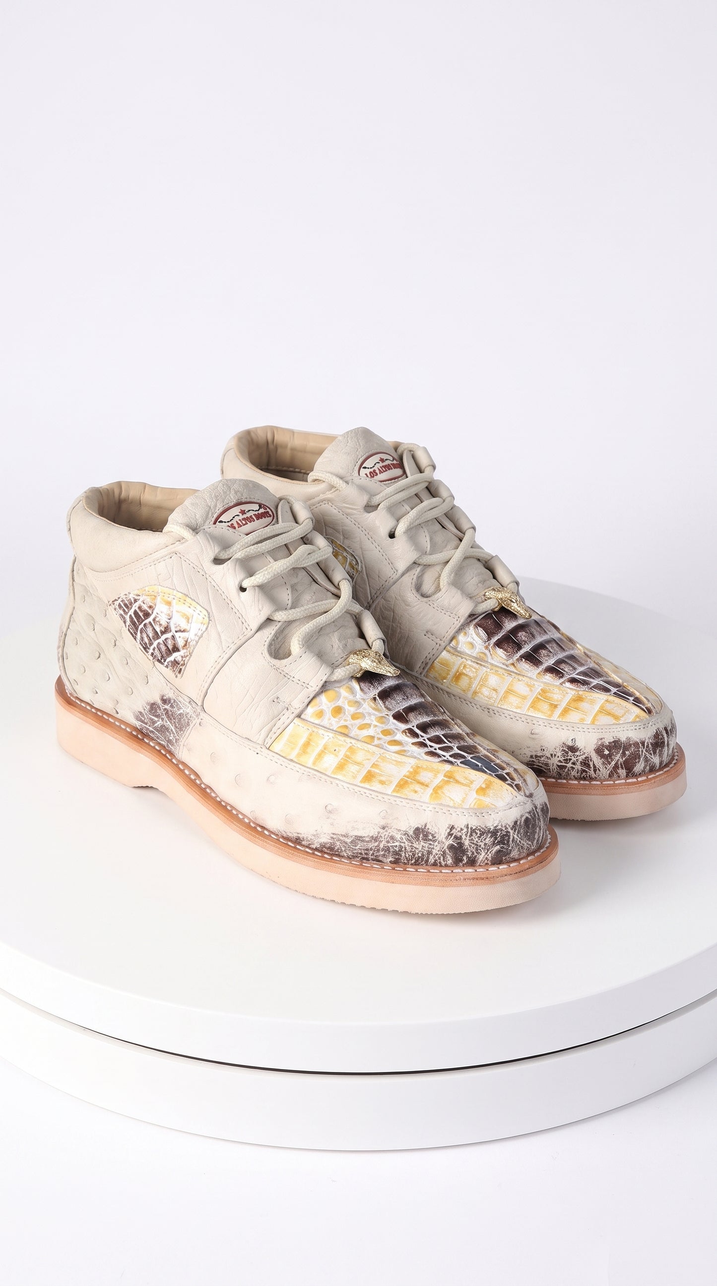 Men’s Los Altos Natural Caiman and Ostrich Skin Casual Sneakers, Exotic Leather Lace Up Shoes