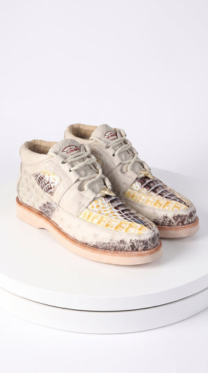 Men’s Los Altos Natural Caiman and Ostrich Skin Casual Sneakers, Exotic Leather Lace Up Shoes